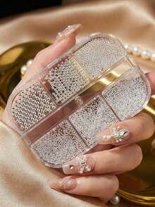 6-Grid Silver Beaded Metal Pendant Mini Caviar Nail Art Crystal Decoration Nail Jewelry - Multicolor - View 8
