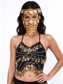 Sequined Halter Bra Top Coin Tassel Fringe, Coin Chain Metal Face Mask Covering, Rumba Stage Show Performance Wear, Multi-Color Available - Multicolor - View 7