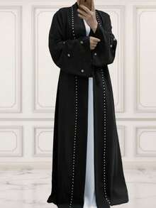 Women's Pearl Beaded Open Front Abaya, Long Flare Sleeve Belted Maxi Outerwear, Elegant Modest Long Robe - Multicolor - View 15
