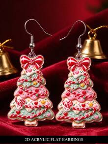 2D Flat Christmas Candy Gingerbread Christmas Tree Acrylic Dangle Earrings With Bow And Candy Decor, Winter Christmas Party Jewelry, Gift For Women And Girls - Gingerbread Christmas Tree - View 6