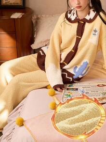 Gongdie Disney Women's Fleece Thickened Horn Button Pajama Set With Long Pants, Winter - Yellow - View 10
