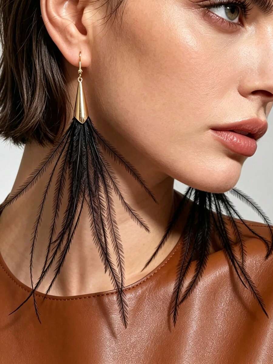 1 Pasang Anting Gantung Bulu Minimalis Premium Eropa dan Amerika Serbaguna untuk Wanita - MultiWarna - View 1