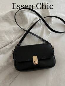 1pc Black Solid Color PU Small Square Bag With Metal Hardware Decoration, Women's Shoulder Crossbody Bag - Black - View 2