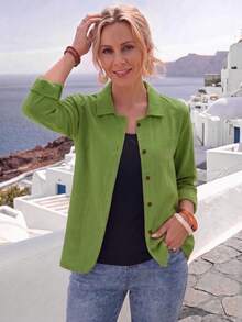 Jisfaneya Solid Color Collar Linen Blend Olive Green Casual Jacket, Lightweight & Versatile For Spring/Summer - Olive Green - View 1