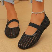Sepatu Flat Mary Jane Jala Bernapas Musim Panas Ujung Bulat Potongan Dangkal Elastis Slip-On Kasual Wanita Slip-On - Hitam - View 4
