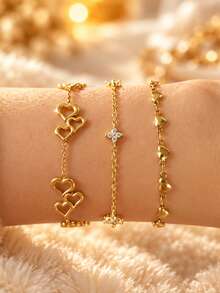 Minimalist Luxury 18K Gold Plated Layered Bracelet Set, Light Luxury Heart & Rhinestone Lucky Four-Leaf Clover Personalized Bracelet, Hypoallergenic Minimalist Jewelry, Perfect Christmas Gift, Travel & Vacation Accessory - Gold - View 1
