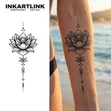 INKARTLINK 1PC Symmetrical Lotus & Diamond Temporary Tattoo Sticker, Waterproof Body Art Tattoo Sticker, Lasts 2-5 Days, Water Transfer Color Tattoo Sticker, Suitable For Men & Women, Essential For People, Party Essential Decoration, Holiday Celebration Body Decoration - Black - View 2
