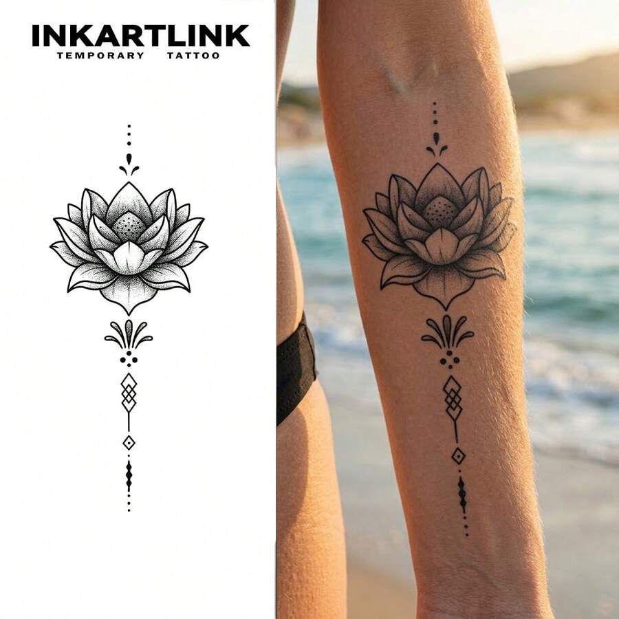 INKARTLINK 1PC Symmetrical Lotus & Diamond Temporary Tattoo Sticker, Waterproof Body Art Tattoo Sticker, Lasts 2-5 Days, Water Transfer Color Tattoo Sticker, Suitable For Men & Women, Essential For People, Party Essential Decoration, Holiday Celebration Body Decoration