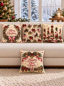 shangxia 4PCS--American Country Christmas Cushion Covers, Pink Plaid Ribbon Pine Branch Berry Print Pillowcases Living Room Holiday Decor--(Pillow Insert Not Included)---(Multiple Sizes)---(No Embroidery)---(Single-Sided Print) - Multicolor - View 7