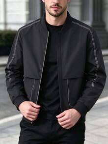 Men's Sports Baseball Jacket, Outdoor Casual Solid Color Striped Design Zip-Up Baseball Collar Jacket, Comfortable Versatile Spring/Autumn Men's Top - Black - View 5
