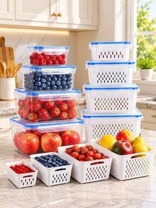 3pcs/Set Refrigerator Food Storage Containers With Drain Basket, Stackable With Lid Fresh-Keeping Box, Suitable For Fruits, Berries And Vegetables, Refrigerator Organization Kitchen Storage - Multicolor - View 7