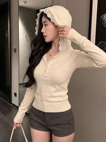 Korean Style Gentle Lace Patchwork Hooded Knit Sweater, Raglan Sleeve Half Button V-Neck Waist-Cinching Slimming Long Sleeve Top, Women's Autumn/Winter New - Apricot - View 3