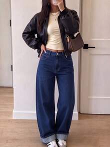 Women's Medium Stretch Washed Straight Leg Jeans, Casual Long Y2K Style Pants - Dark Wash - View 7