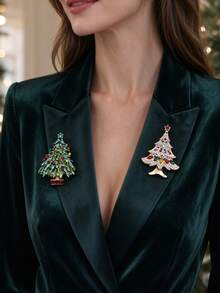 1pc Vintage Rhinestone Christmas Tree Brooch Set, Enamel Xmas Lapel Pins Holiday Costume Jewelry Gift - Multicolor - View 2