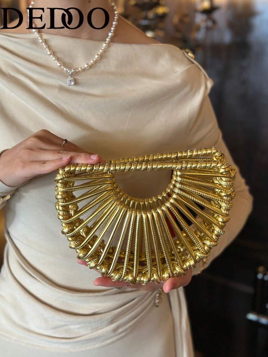 Women Hollow Evening Clutch, Fan Shape, Gold Bag, Open Cutout Design ...