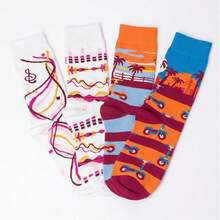 1/4 Pairs Multi-Color Random Couple Socks, All-Season, Illustration Music Note, Skateboard, Coconut Tree Landscape Silhouette, Personalized Fashion Street Casual Mid-Calf Socks - Multicolor - View 3