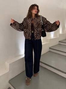 Fashionable Women's Leopard Print Woven Baseball Jacket, Long Sleeve Flight Jacket With Pockets And Zipper, Autumn/Winter Outfit Essential - Brown - View 8