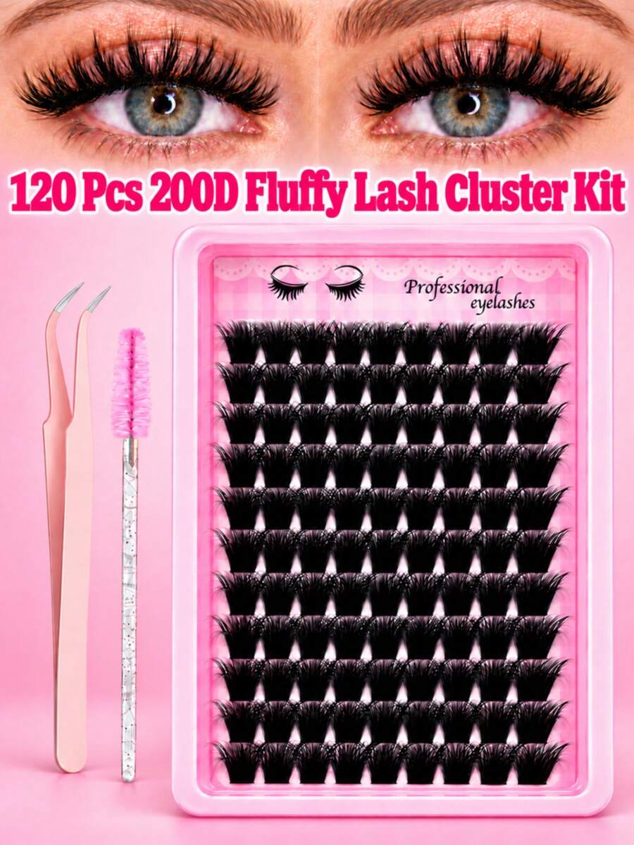 120pcs 200D Fluffy Cluster False Eyelashes Set, Includes Tweezers And Lash Brush, Slim & Voluminous Style, Suitable For DIY Cat Eye Makeup, Daily Wear And Party, False Eyelash Clusters, Lash Technique Supplier - View 1