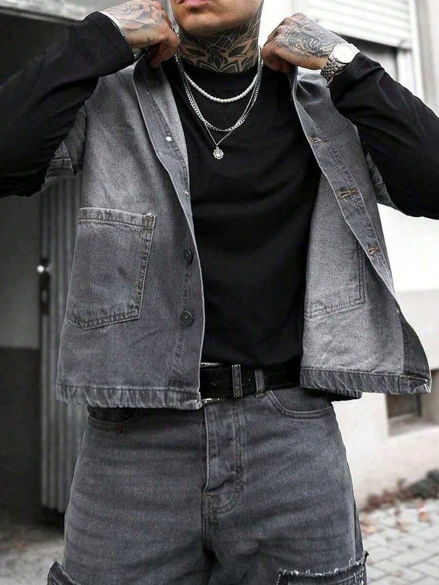 Men's Fashionable Personalized Retro Short Sleeve Denim Shirt - Dark Grey - View 1