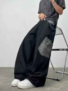 Justice Brother 1pc Korean Street Style Brand Personalized Color Block Patchwork Print Multi-Pocket Men's Black Denim Jeans Fashion Casual Wide Leg Pants Washed Loose Long Pants (Belt/Accessories Not Included) - Black - View 3