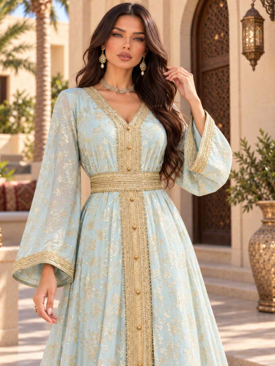 Women's Elegant V-Neck Loose Long Sleeve Ribbon Patchwork Dress - Green - View 1