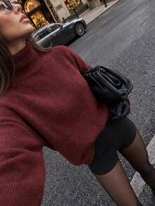 女款秋冬新款高領灰色極簡通勤修身優雅羅紋長袖針織套頭毛衣，適合新年派對 - 酒紅色 - 查看 6
