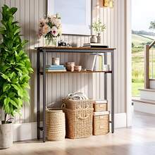 LIVINGANDHOME 1/2 Tiers Wood-Grain Narrow Console Table,Slim Table,Home Storage Shelf Rack Organizer,Space Saving Storage Shelf For Entryway/Hallway/Living Room/Kitchen/Bathroom - Brown + Black - View 9