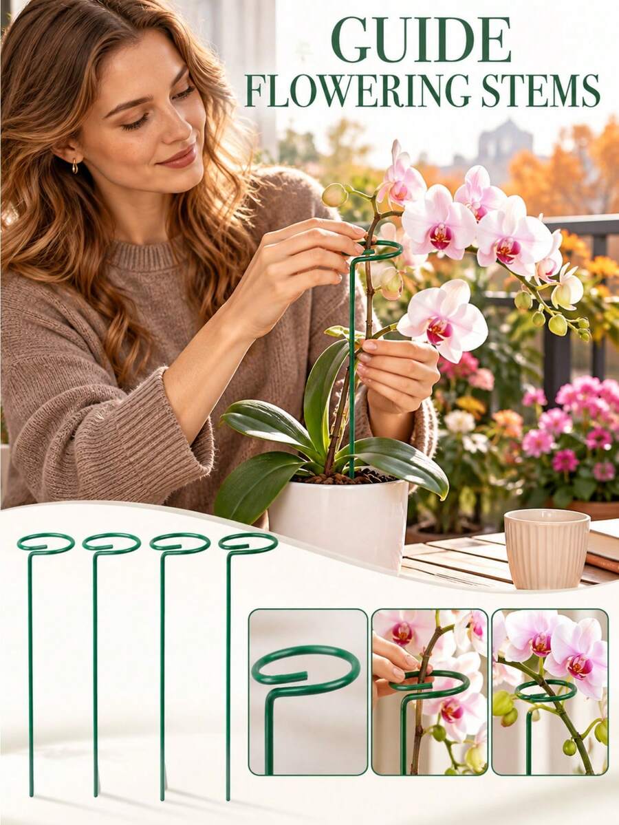 5pcs Green Plant Support Stakes, Ring Top Flower Stem Support Rods, Suitable For Potted Plants, Roses, Seedlings And Small Indoor Plants, Used For Balcony, Patio, Greenhouse And Outdoor Gardening Plant Training Support Stakes - B - View 1