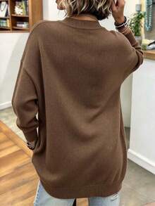 Plus Size Solid Color Asymmetrical Button Crew Neck Knit Pullover Sweater With Asymmetrical Hem - Brown - View 10