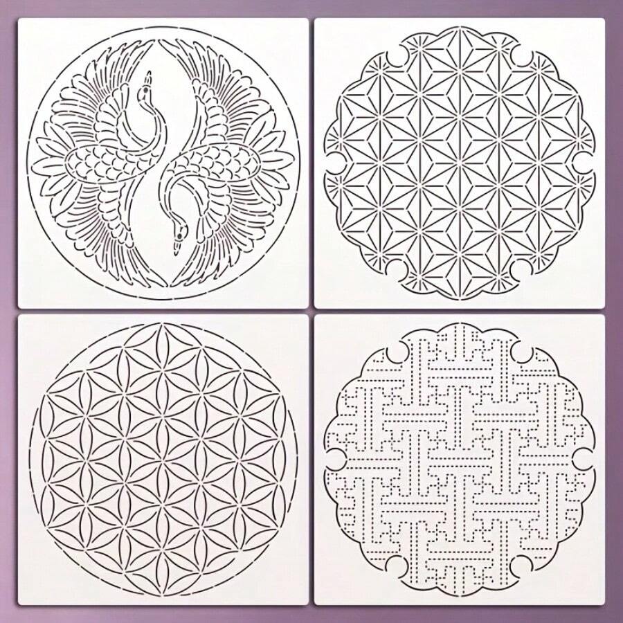 Bộ 4 khuôn thêu Sashiko 11 inch tái sử dụng, mẫu thêu hoặc khuôn chần bông in sẵn, họa tiết truyền thống Nhật Bản, bộ mẫu thêu Sashiko 4 mẫu, phù hợp cho người đam mê thêu Sashiko, quà tặng thủ công DIY, bộ cho người mới bắt đầu - 4 cái - Xem 1