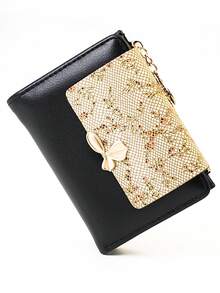 New Floral Patchwork PU Leather Short Women's Wallet, Multi-Color Sweet & Cute Bi-Fold Card Holder, Simple Coin Purse With Ribbon Strap - Multicolor - View 2