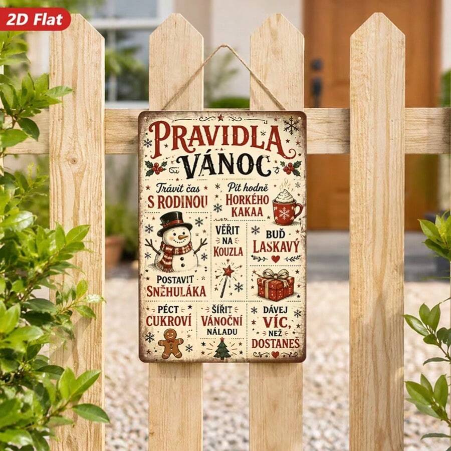 1 st 2D platt tryckt träskylt, jultema heminredning, snögubbemönster, tjeckisk text, lämplig för vardagsrum och matsal, rundad hörndesign, enkel att hänga upp, 4 monteringshål - A - Visa 1