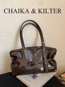 CHAIKA & KILTER 1件裝純色PU布料托特包 女款復古時尚單肩托特包 雙手把設計 拉鍊開合 飾帶裝飾 適合日常與外出使用（附吊飾） - 咖啡 - 查看 5