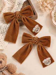 2pcs Brown Velvet Girls Hair Clips With Bow, Cute Bear Embroidery Decor Alligator Clips, Daily New Year Holiday Party Birthday Christmas Casual Autumn Winter Hair Accessories For Kids - Multicolor - View 5