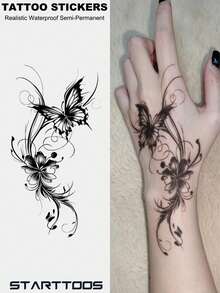 STARTTOOS 1pc Black Ins Style Aesthetic Butterfly Floral Scroll Pattern Party Gift DIY Holiday Gift Music Festival Temporary Waterproof Tattoo Sticker For Arm Back Leg - Black - View 1