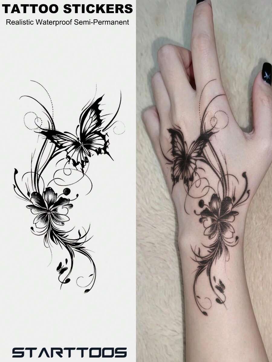 STARTTOOS 1pc Black Ins Style Aesthetic Butterfly Floral Scroll Pattern Party Gift DIY Holiday Gift Music Festival Temporary Waterproof Tattoo Sticker For Arm Back Leg - Black - View 1