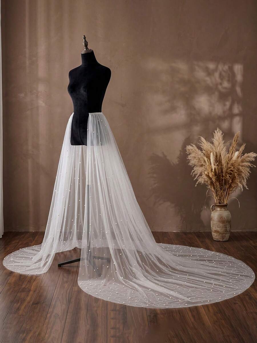 Pearl Tulle Wedding Train Skirt Long Detachable Bridal Overskirt Cathedral Veil Half Skirt For Bride Backless Wedding Dress Accessory