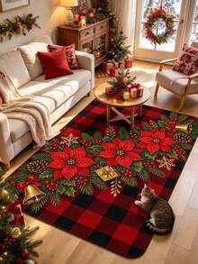 1pc Plaid Christmas Floral Pattern Floor Mat, Bathroom Mat, Bathroom Rug, Door Mat, Small Rug, Carpet, Floor Mat, Home Decor, Area Rug, Outdoor Mat, Home Decor, Area Carpet, Bedroom Rug, Washable Carpet - Multicolor - View 3