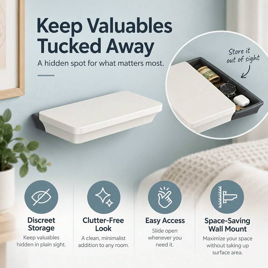 Xfo Modern White Floating Shelf With Hidden Drawer - Wall-Mounted Secret Compartment, Suitable For Cash, Jewelry, Keys, Valuable Items Display, Plastic Frame, For Bedroom, Living Room, Office, Space-Saving Hidden Drawer - Multicolor - View 1