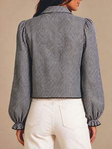 Women's Black White Gingham Puff Sleeve Cropped Shirt, Collared Front Button, Scalloped Trim Hem & Cuffs, Spring Autumn For Office Vacation Daily Wear - Black and White Checkered - View 2