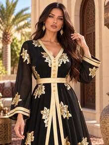 Women's Long Sleeve Elegant Loose V-Neck Dress - Black - View 1