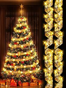 1pc Gold Ribbon Fairy Light String, 1m/3m/5m/10m, Christmas Decoration LED Lights Gold Ribbon, Warm White Copper Wire String Lights, Christmas Tree Satin Bow Light Strip, LED Light Strip Suitable For Christmas Tree, Wedding, Birthday, New Year Holiday Decoration, DIY Bow Indoor Fairy Light String - Yellow - View 1