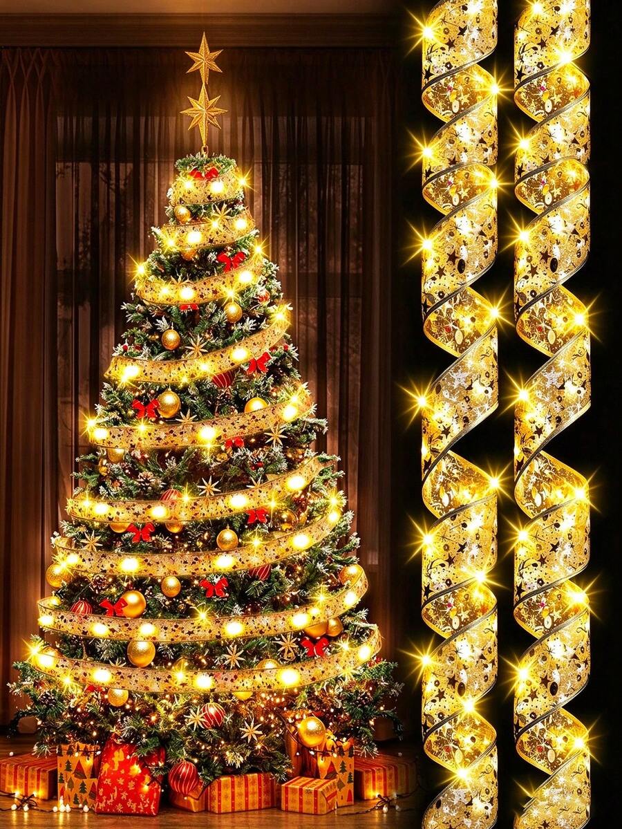 1pc Gold Ribbon Fairy Light String, 1m/3m/5m/10m, Christmas Decoration LED Lights Gold Ribbon, Warm White Copper Wire String Lights, Christmas Tree Satin Bow Light Strip, LED Light Strip Suitable For Christmas Tree, Wedding, Birthday, New Year Holiday Decoration, DIY Bow Indoor Fairy Light String - Yellow - View 1