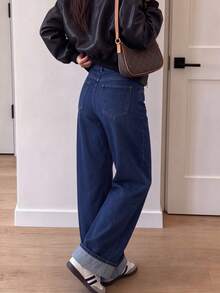 Women's Medium Stretch Washed Straight Leg Jeans, Casual Long Y2K Style Pants - Dark Wash - View 10