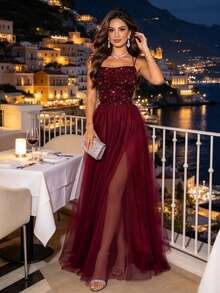 Joyfunear Women's Spaghetti Strap Mesh Tie-Up Backless Dress Party Summer Elegant - Burgundy - View 1
