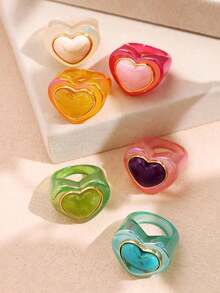 Cincin Hati Resin Warna-warni Gaya Harajuku Y2K Kreatif, Cocok Sebagai Hadiah Untuk Keluarga dan Teman - MultiWarna - View 5