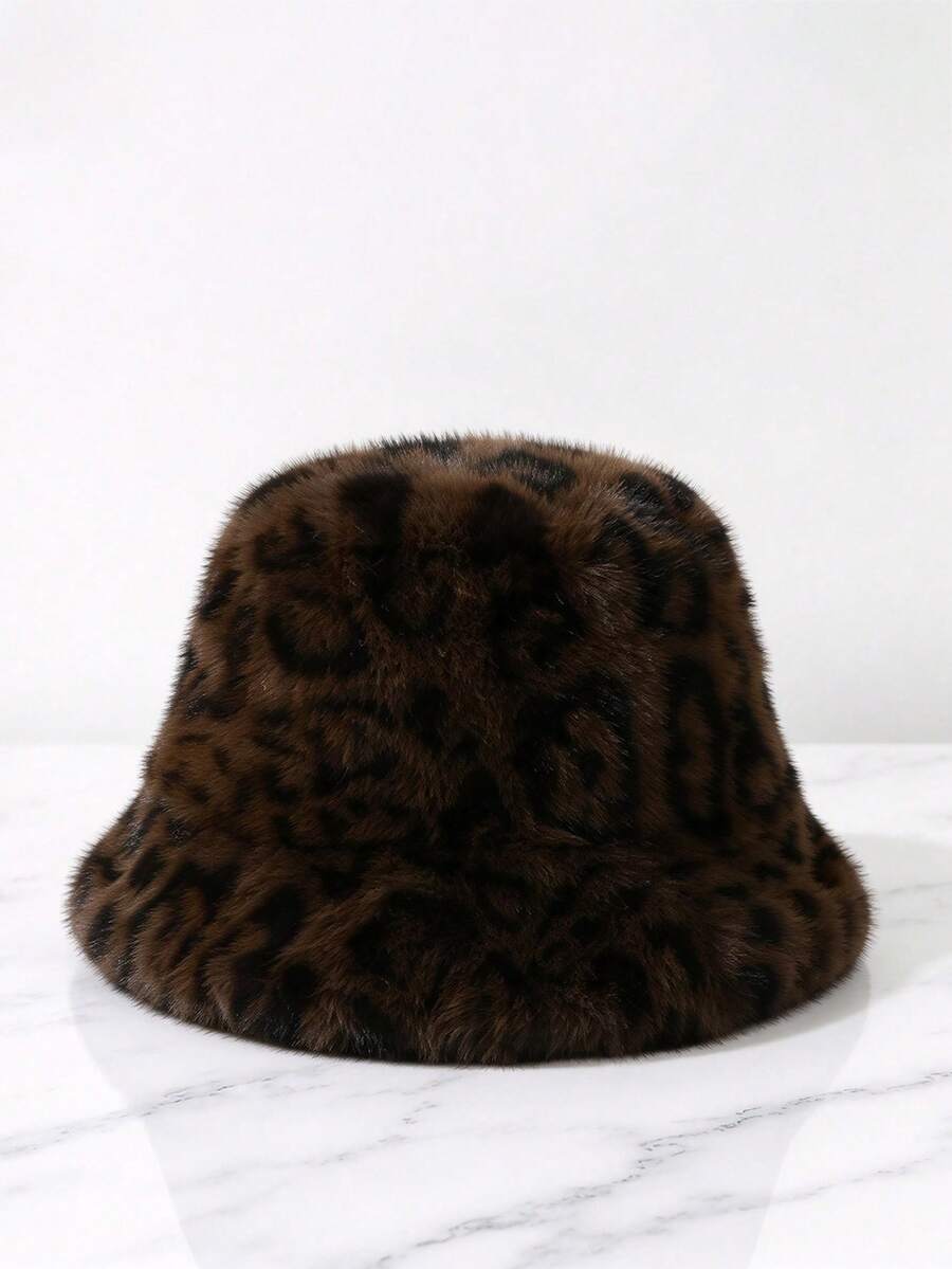 1pc Women's Fashion Leopard Print Versatile Plush Bucket Hat, Streetwear Travel Warm Anti-Cold Face-Slimming Bucket Hat - Fisherman's Hat - View 1