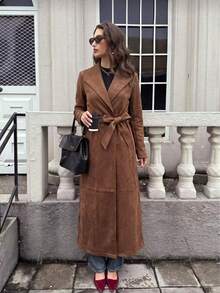 Ladies' Autumn Elegant Solid Color Collar Belt Long Sleeve Coat Office - Chocolate Brown - View 6