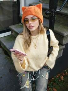 1pc Women Y2K Fluffy Faux Mink Knit Cat Ear Beanie, Cute Solid Color Warm Winter Skull Cap, Soft Stretchy Kitty Ear Pullover Hat - Twisted Plush Two-horned Hat - View 11