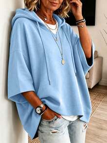 Women's Plus Size Casual Hooded Sweatshirt With Drawstring, Dropped Shoulder 3/4 Sleeve, Light Blue Loose Fit Top, Suitable For Autumn, Slightly Stretchy Fabric - Sky Blue - View 4